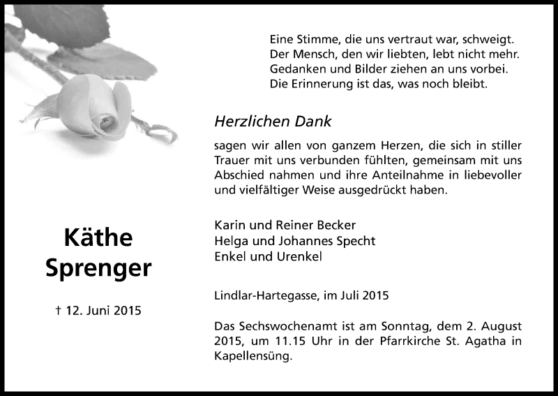  Traueranzeige für Käthe Sprenger vom 01.08.2015 aus Kölner Stadt-Anzeiger / Kölnische Rundschau / Express