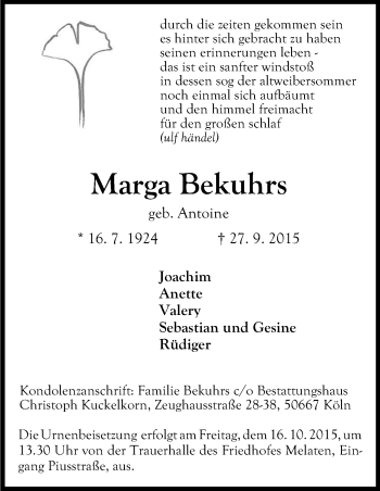 Anzeige von Marga Bekuhrs von Kölner Stadt-Anzeiger / Kölnische Rundschau / Express