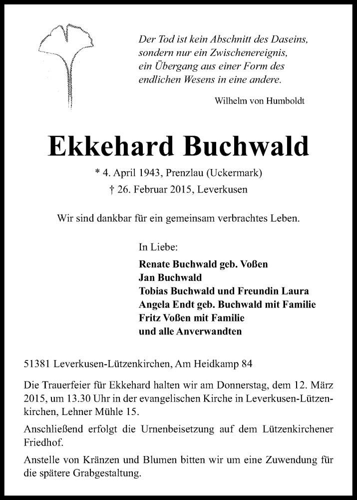  Traueranzeige für Ekkehard Buchwald vom 07.03.2015 aus Kölner Stadt-Anzeiger / Kölnische Rundschau / Express