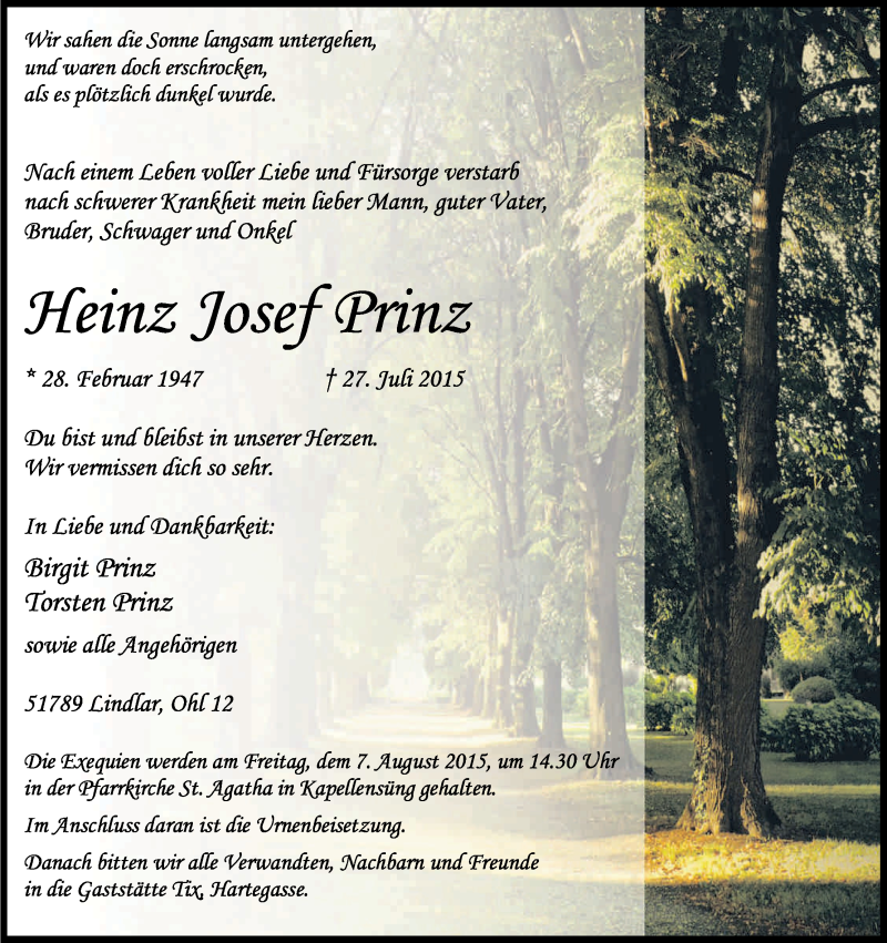  Traueranzeige für Heinz Josef Prinz vom 01.08.2015 aus Kölner Stadt-Anzeiger / Kölnische Rundschau / Express