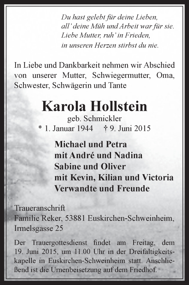  Traueranzeige für Karola Hollstein vom 17.06.2015 aus 