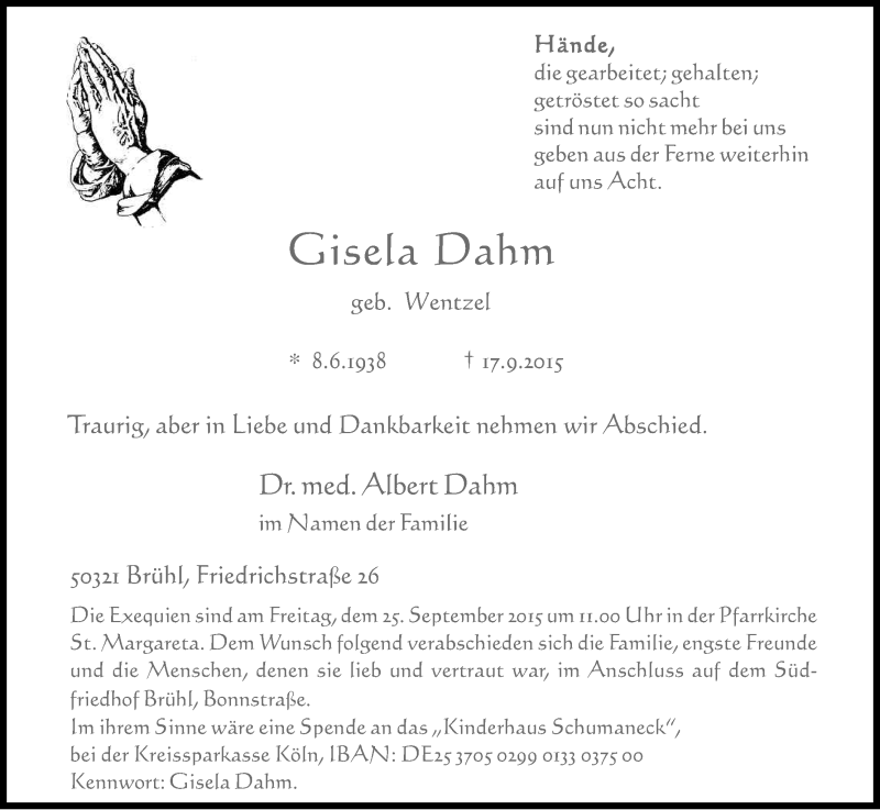  Traueranzeige für Gisela Dahm vom 23.09.2015 aus Kölner Stadt-Anzeiger / Kölnische Rundschau / Express