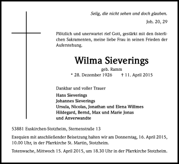 Anzeige von Wilma Sieverings von Kölner Stadt-Anzeiger / Kölnische Rundschau / Express