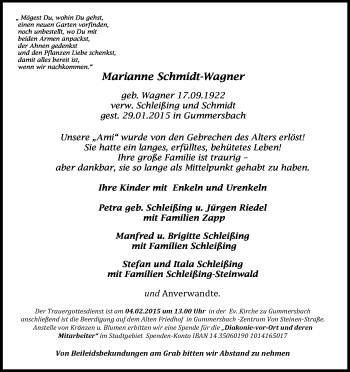 Anzeige von Marianne Schmidt-Wagner von Kölner Stadt-Anzeiger / Kölnische Rundschau / Express