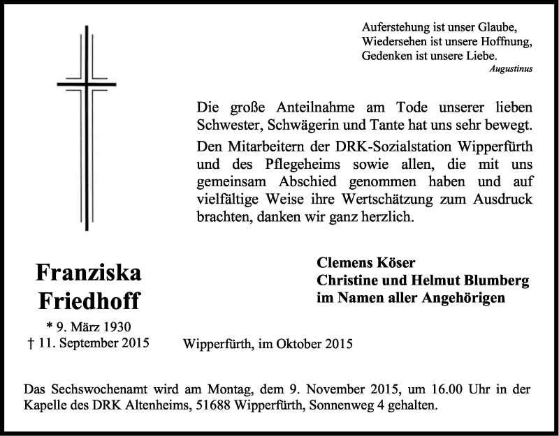  Traueranzeige für Franziska Friedhoff vom 31.10.2015 aus Kölner Stadt-Anzeiger / Kölnische Rundschau / Express