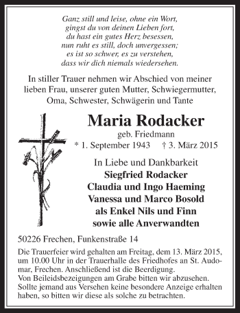 Anzeige von Maria Rodacker von  Wochenende 
