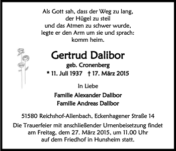 Anzeige von Gertrud Dalibor von Kölner Stadt-Anzeiger / Kölnische Rundschau / Express