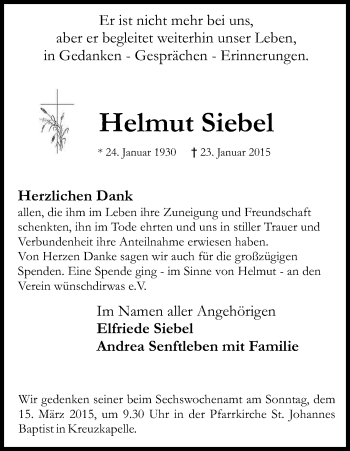 Anzeige von Helmut Siebel von Kölner Stadt-Anzeiger / Kölnische Rundschau / Express