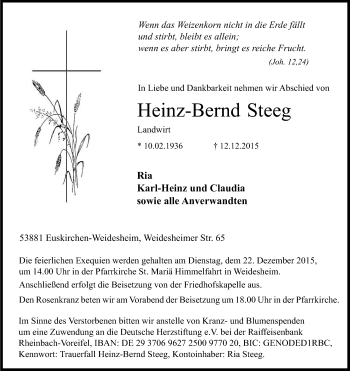 Anzeige von Heinz-Bernd Steeg von Kölner Stadt-Anzeiger / Kölnische Rundschau / Express