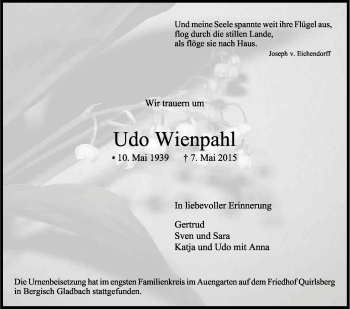 Anzeige von Udo Wienpahl von Kölner Stadt-Anzeiger / Kölnische Rundschau / Express