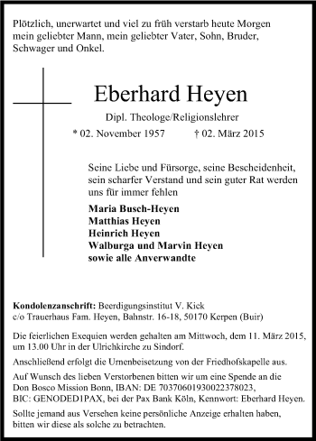Anzeige von Eberhard Heyen von Kölner Stadt-Anzeiger / Kölnische Rundschau / Express