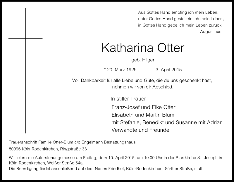  Traueranzeige für Katharina Otter vom 08.04.2015 aus Kölner Stadt-Anzeiger / Kölnische Rundschau / Express