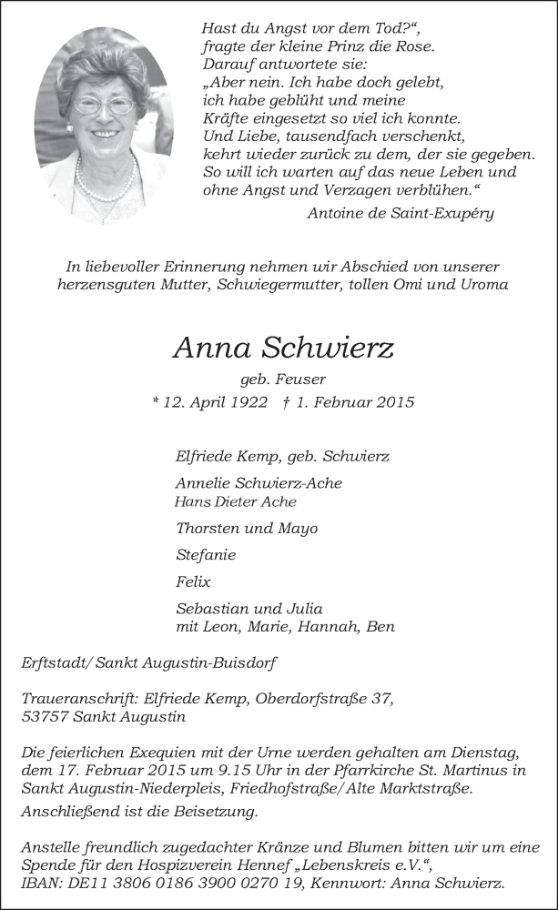  Traueranzeige für Anna Schwierz vom 11.02.2015 aus  Werbepost 