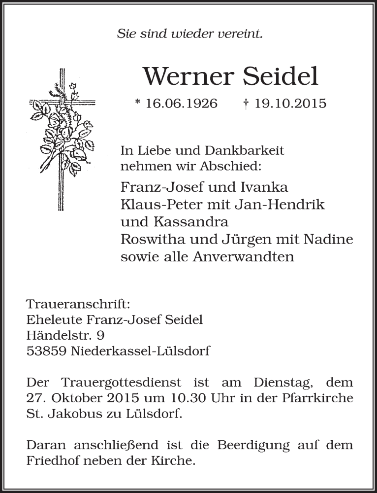 Traueranzeige für Werner Seidel vom 24.10.2015 aus  Rhein-Sieg-Wochenende 