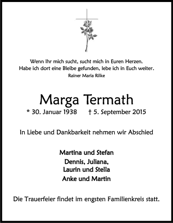 Anzeige von Marga Termath von Kölner Stadt-Anzeiger / Kölnische Rundschau / Express