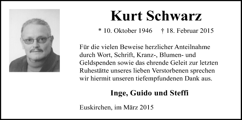  Traueranzeige für Kurt Schwarz vom 15.03.2015 aus  Blickpunkt Euskirchen 