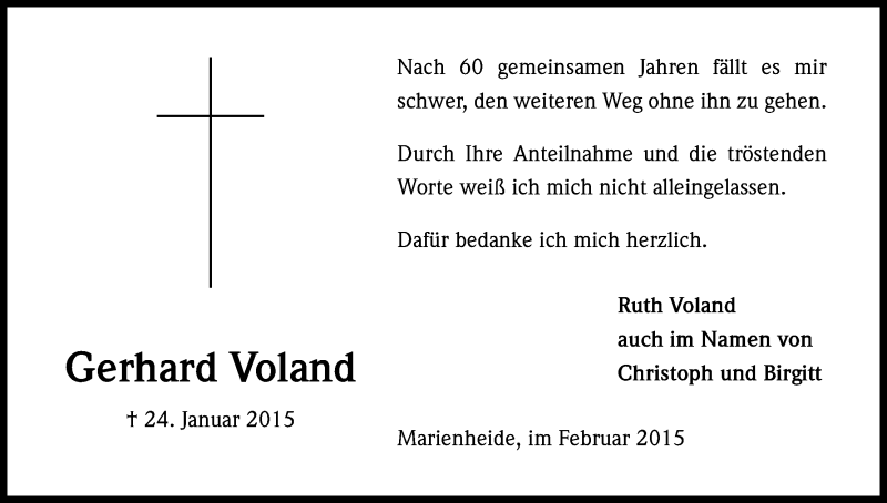 Traueranzeige für Gerhard Voland vom 28.02.2015 aus Kölner Stadt-Anzeiger / Kölnische Rundschau / Express