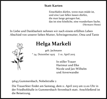 Anzeige von Helga Markeli von Kölner Stadt-Anzeiger / Kölnische Rundschau / Express