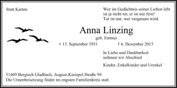 Anzeige von Anna Linzing von  Bergisches Sonntagsblatt 