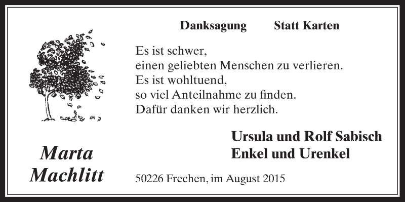  Traueranzeige für Marta Machlitt vom 19.08.2015 aus  Wochenende 