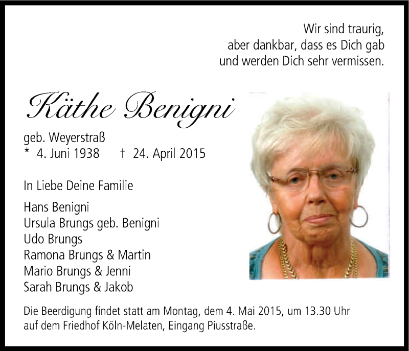 Traueranzeige für Käthe Benigni vom 02.05.2015 aus Kölner Stadt-Anzeiger / Kölnische Rundschau / Express
