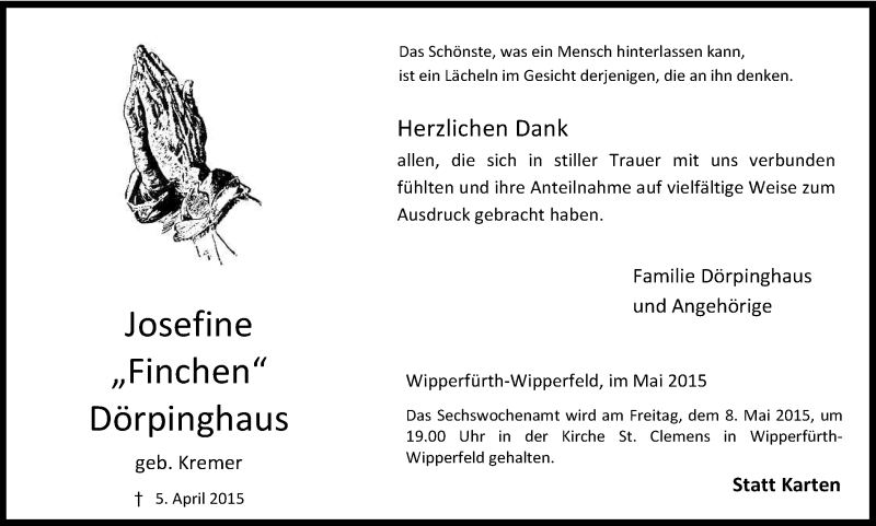  Traueranzeige für Josefine Dörpinghaus vom 04.05.2015 aus Kölner Stadt-Anzeiger / Kölnische Rundschau / Express