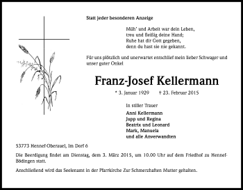 Anzeige von Franz-Josef Kellermann von Kölner Stadt-Anzeiger / Kölnische Rundschau / Express