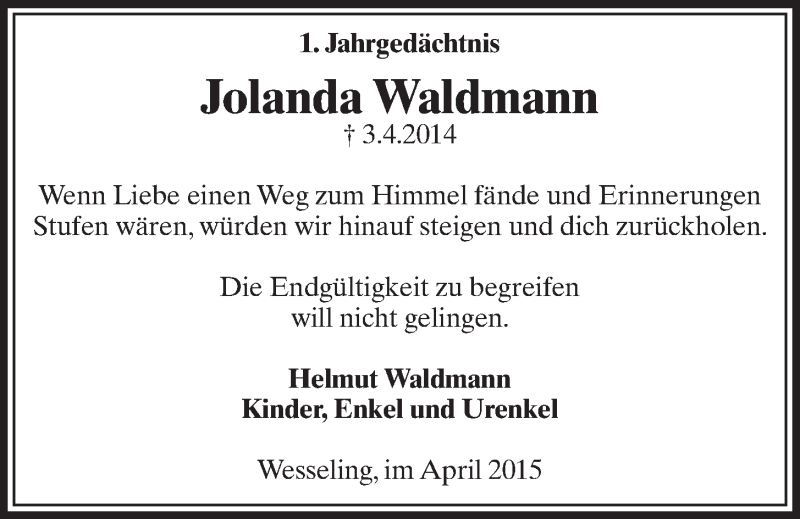  Traueranzeige für Jolanda Waldmann vom 01.04.2015 aus  Schlossbote/Werbekurier 