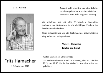 Anzeige von Fritz Hamacher von Kölner Stadt-Anzeiger / Kölnische Rundschau / Express