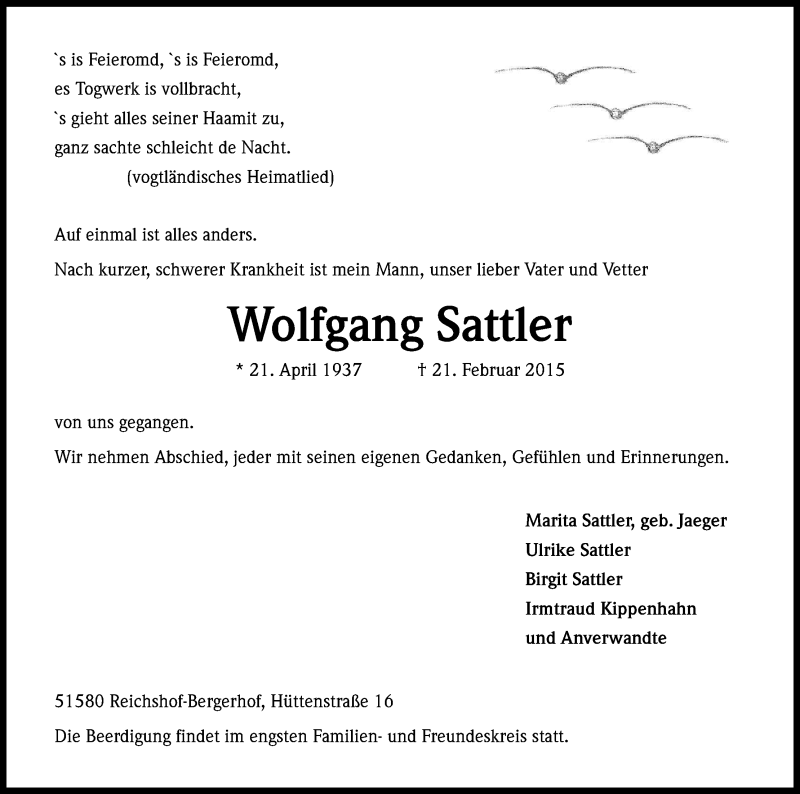  Traueranzeige für Wolfgang Sattler vom 24.02.2015 aus Kölner Stadt-Anzeiger / Kölnische Rundschau / Express