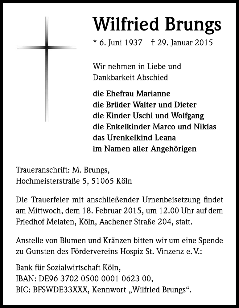  Traueranzeige für Wilfried Brungs vom 07.02.2015 aus Kölner Stadt-Anzeiger / Kölnische Rundschau / Express
