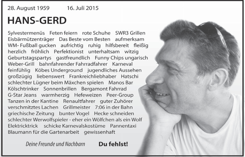  Traueranzeige für Hans-Gerd Nassenstein vom 29.07.2015 aus  Schlossbote/Werbekurier 
