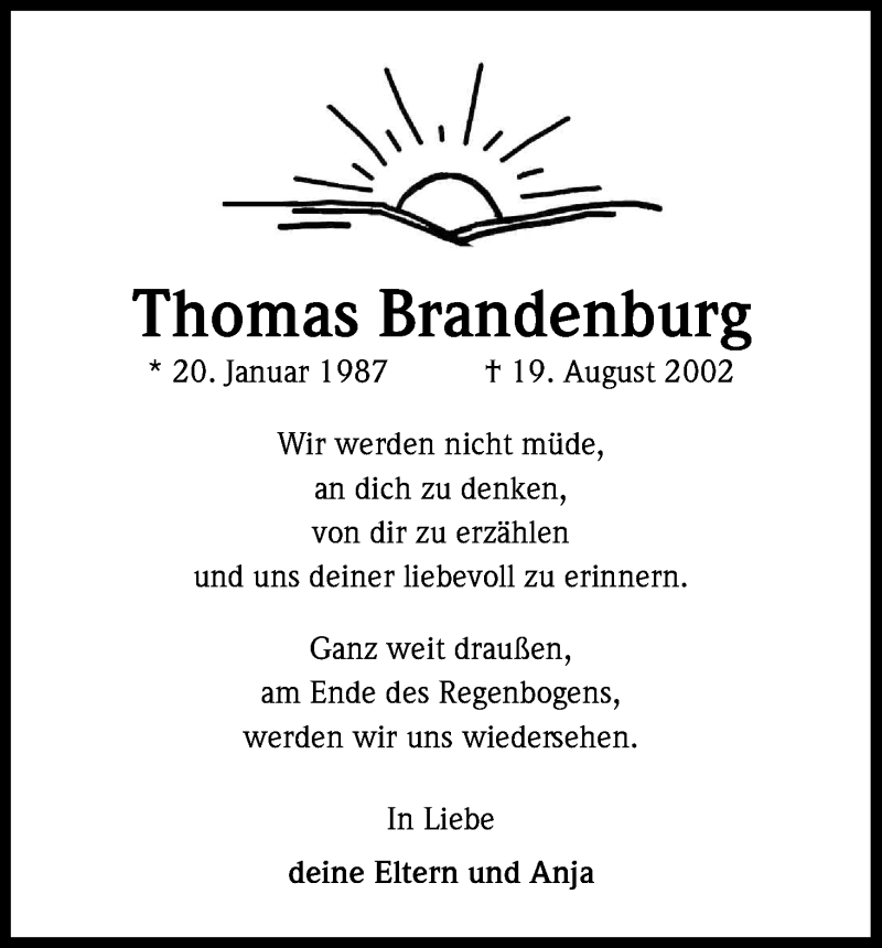  Traueranzeige für Thomas Brandenburg vom 19.08.2015 aus Kölner Stadt-Anzeiger / Kölnische Rundschau / Express