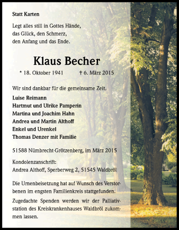 Anzeige von Klaus Becher von Kölner Stadt-Anzeiger / Kölnische Rundschau / Express