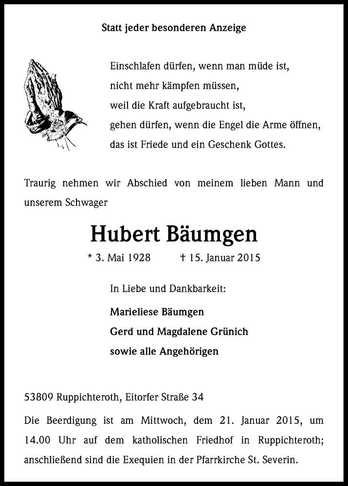  Traueranzeige für Hubert Bäumgen vom 17.01.2015 aus Kölner Stadt-Anzeiger / Kölnische Rundschau / Express