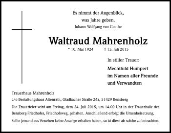Anzeige von Waltraud Mahrenholz von Kölner Stadt-Anzeiger / Kölnische Rundschau / Express