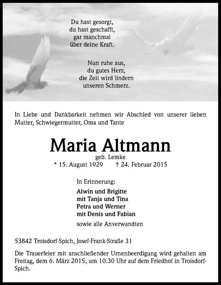  Traueranzeige für Maria Altmann vom 04.03.2015 aus Kölner Stadt-Anzeiger / Kölnische Rundschau / Express