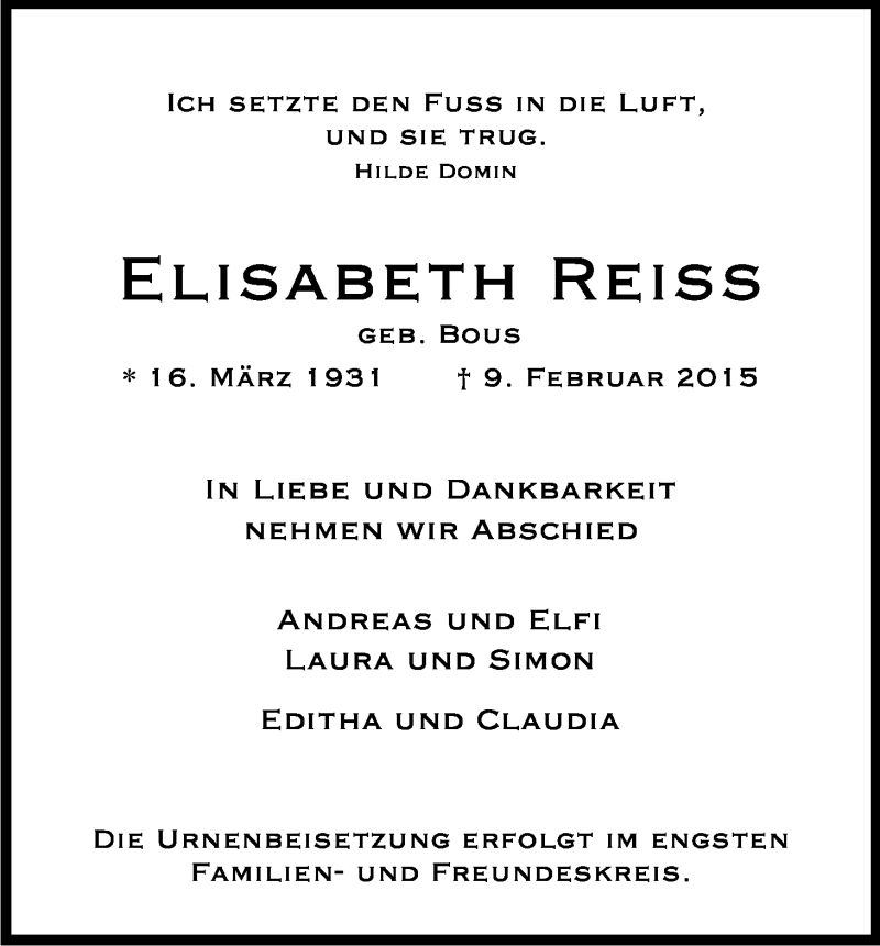  Traueranzeige für Elisabeth Reiss vom 18.02.2015 aus Kölner Stadt-Anzeiger / Kölnische Rundschau / Express
