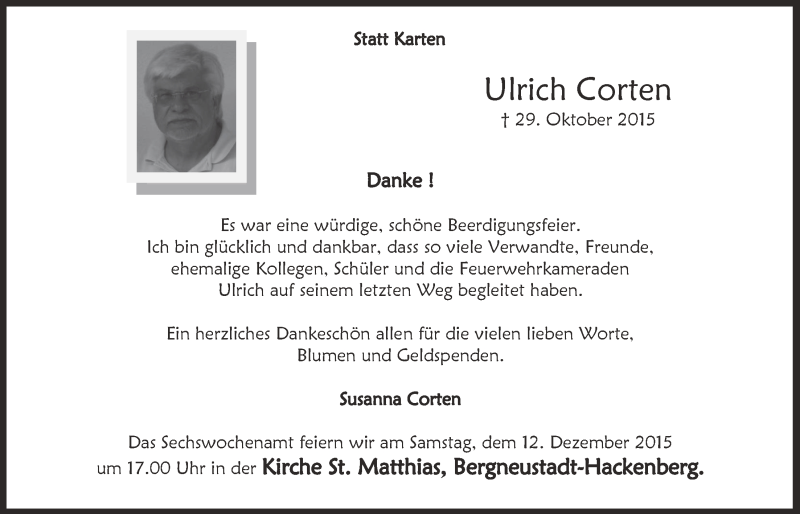  Traueranzeige für Ulrich Corten vom 09.12.2015 aus  Anzeigen Echo 