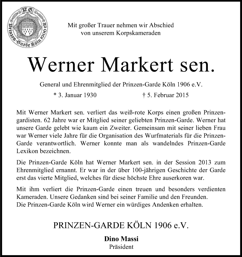  Traueranzeige für Werner Markert vom 11.02.2015 aus Kölner Stadt-Anzeiger / Kölnische Rundschau / Express