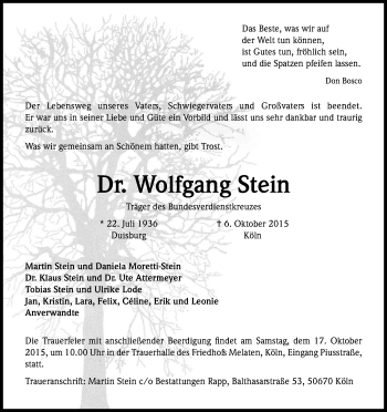Anzeige von Wolfgang Stein von Kölner Stadt-Anzeiger / Kölnische Rundschau / Express
