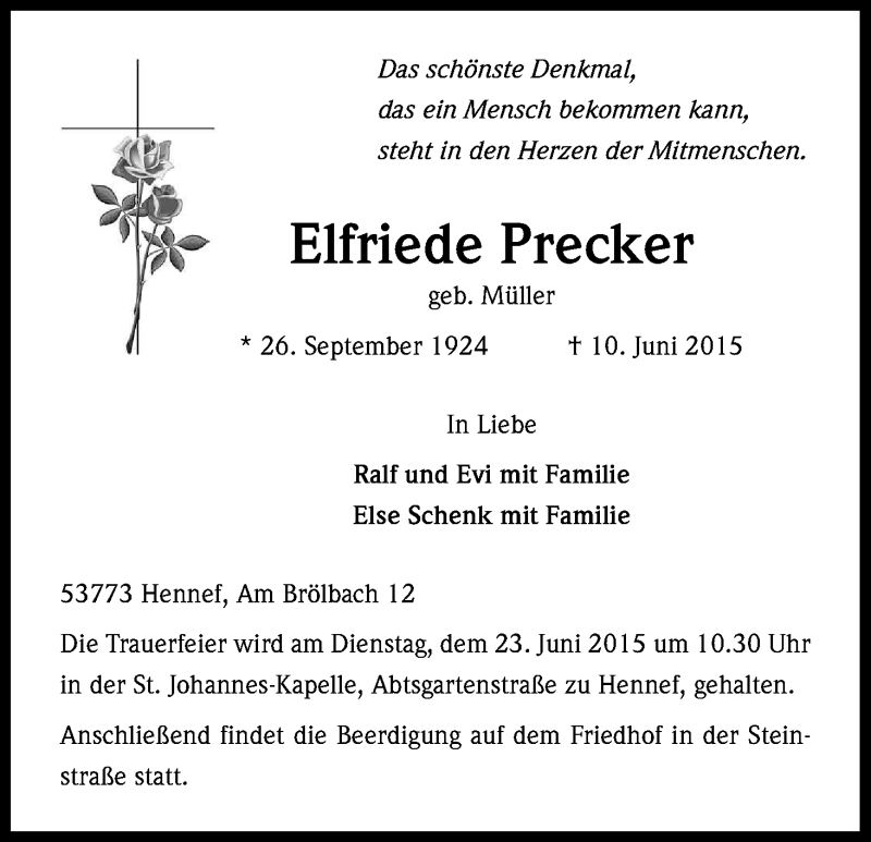  Traueranzeige für Elfriede Precker vom 20.06.2015 aus Kölner Stadt-Anzeiger / Kölnische Rundschau / Express