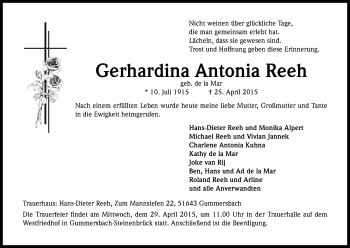 Anzeige von Gerhardina Antonia Reeh von Kölner Stadt-Anzeiger / Kölnische Rundschau / Express