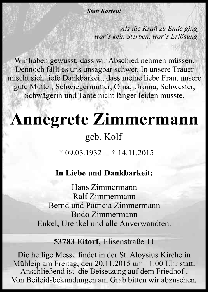  Traueranzeige für Annegrete Zimmermann vom 17.11.2015 aus Kölner Stadt-Anzeiger / Kölnische Rundschau / Express