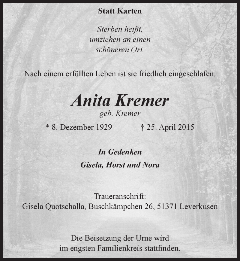  Traueranzeige für Anita Kremer vom 29.04.2015 aus  Lokale Informationen 