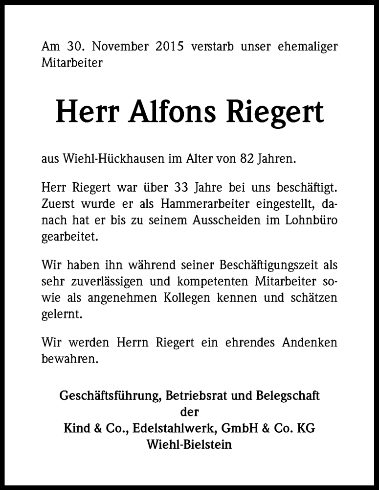  Traueranzeige für Alfons Riegert vom 14.12.2015 aus Kölner Stadt-Anzeiger / Kölnische Rundschau / Express