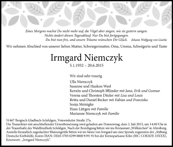 Anzeige von Irmgard Niemczyk von Kölner Stadt-Anzeiger / Kölnische Rundschau / Express