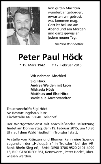Anzeige von Peter Höck von Kölner Stadt-Anzeiger / Kölnische Rundschau / Express