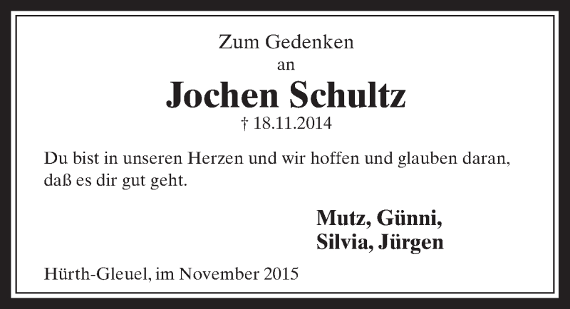 Traueranzeige für Jochen Schultz vom 18.11.2015 aus  Wochenende 