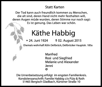 Anzeige von Käthe Habbig von Kölner Stadt-Anzeiger / Kölnische Rundschau / Express